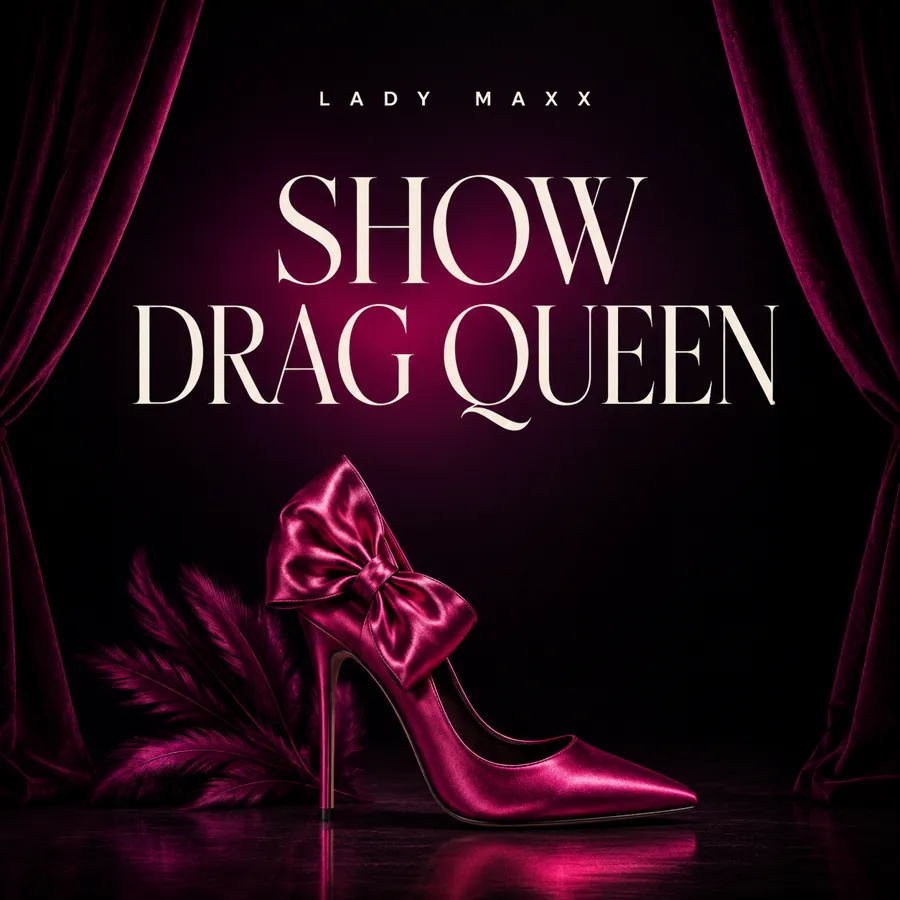 Show drag queen Lady Maxx à Paris : escarpin rose satiné et plumes sur scène
